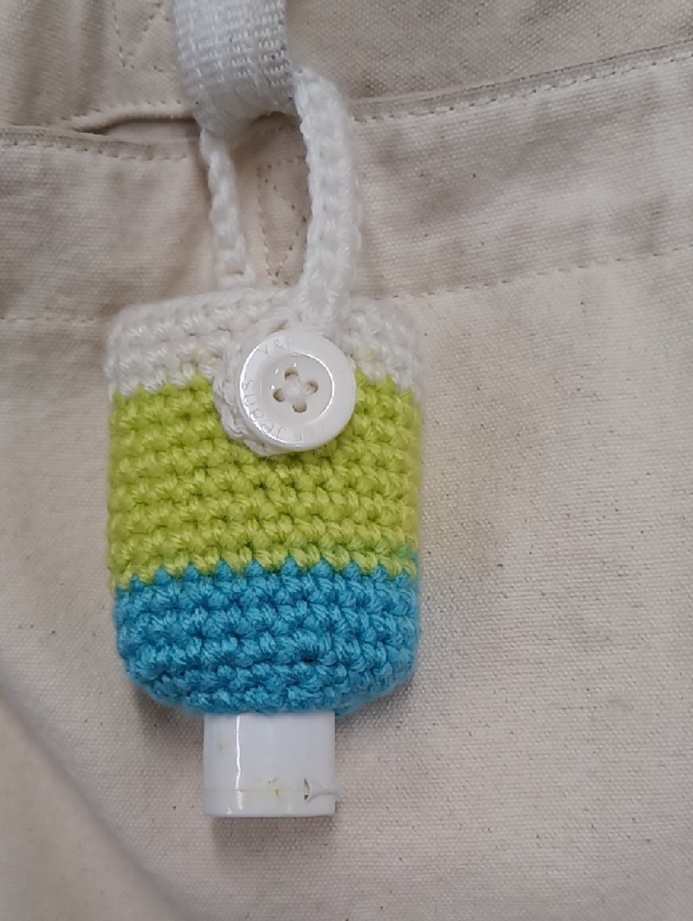 White Green & Blue Crocheted Hand Sanitizer Holder